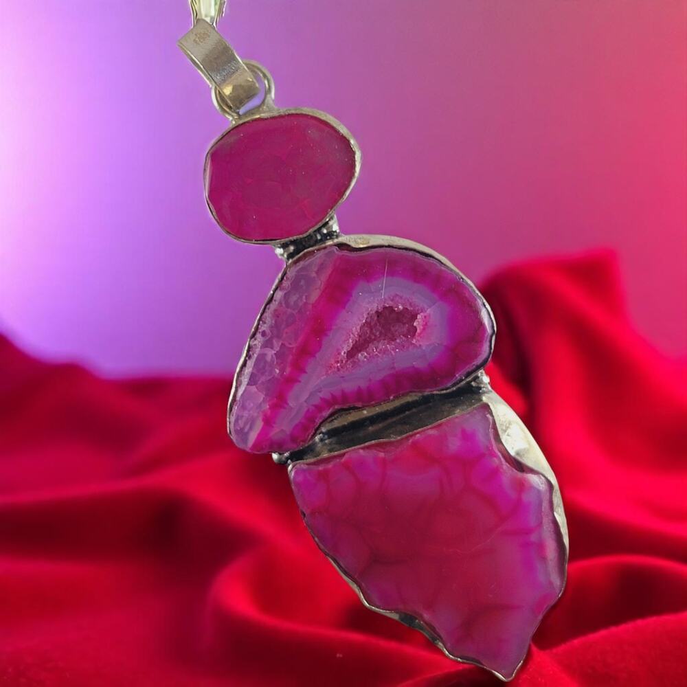 Pink Agate Geode Pendant Sterling Silver 2.75" Triple Druzy Statement